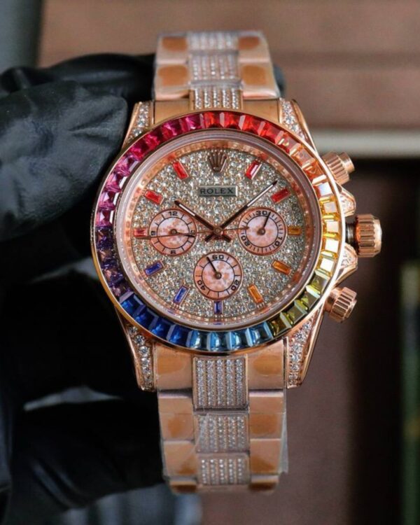 Rolex Daytona Rainbow Replica Everose with Baguette Gem Bezel and Pavé Diamond Dial