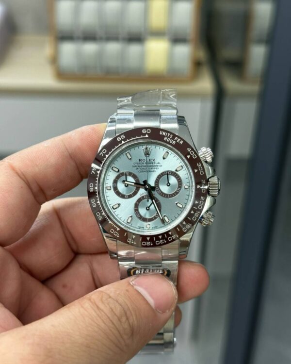 Rolex Daytona Platinum Ice Blue Dial Replica Watch with Brown Ceramic Bezel