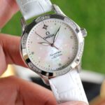 Image Title: Omega Constellation Diamond Bezel Replica White Mother of Pearl Dial on White Strap