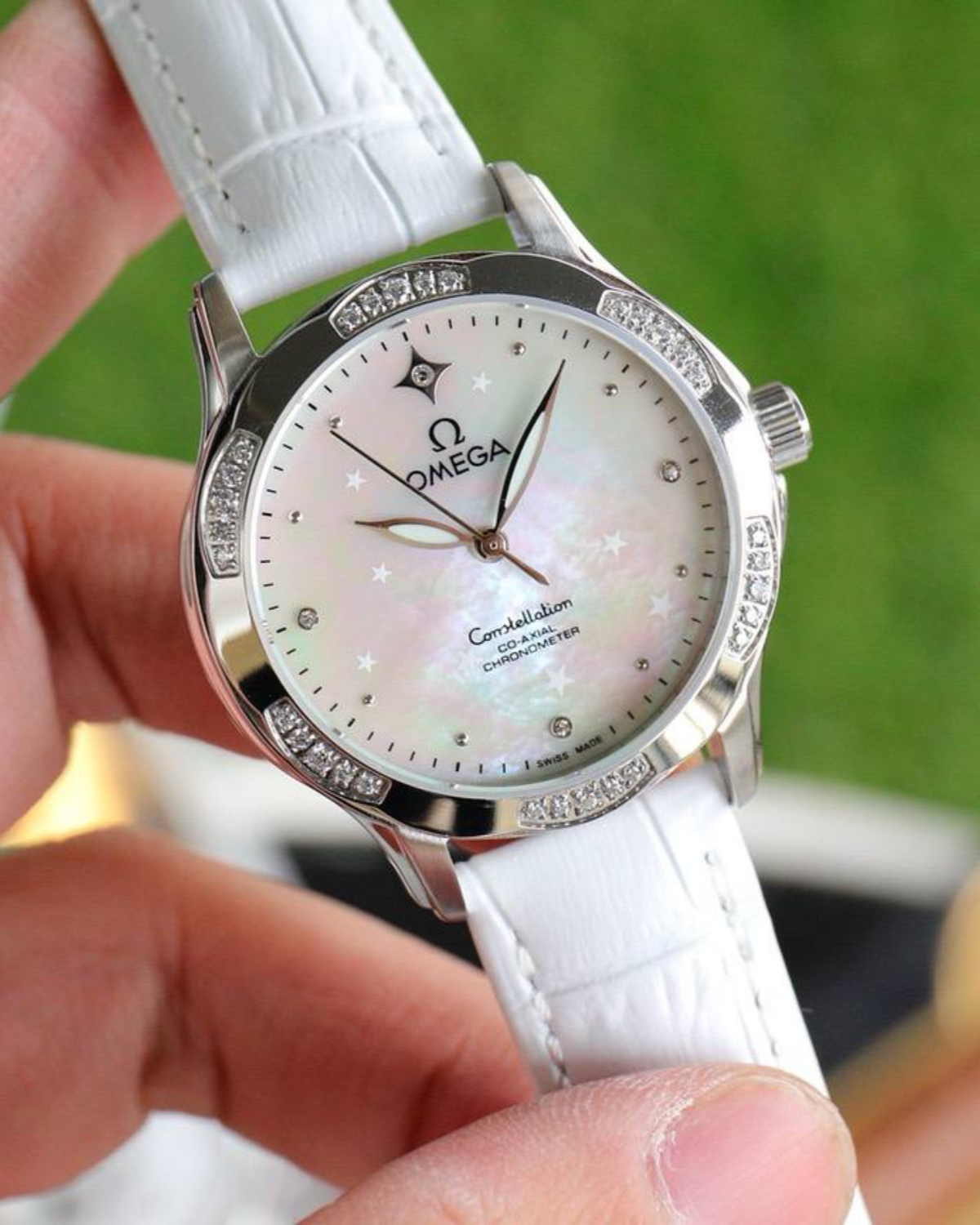 Image Title: Omega Constellation Diamond Bezel Replica White Mother of Pearl Dial on White Strap